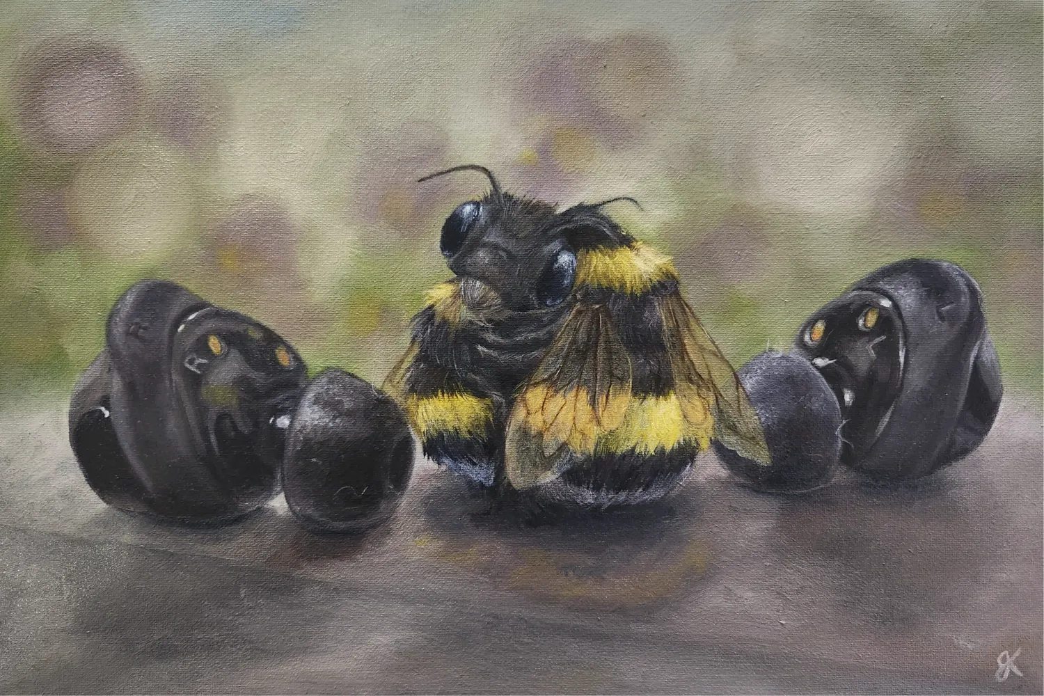 Painting of two bees dancing to a pair of earphones