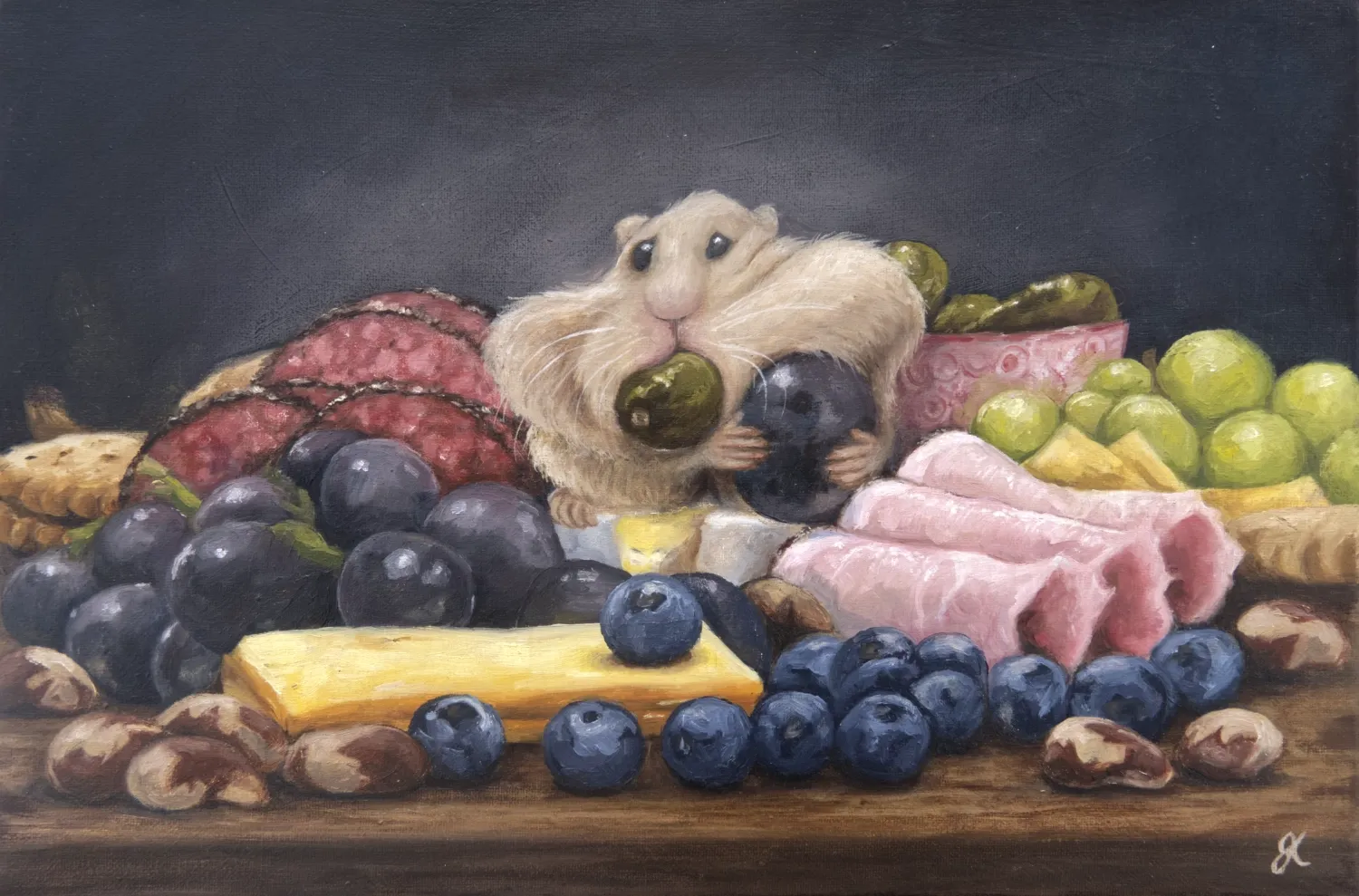 Painting of a hamster with full cheeks beside a snack platter