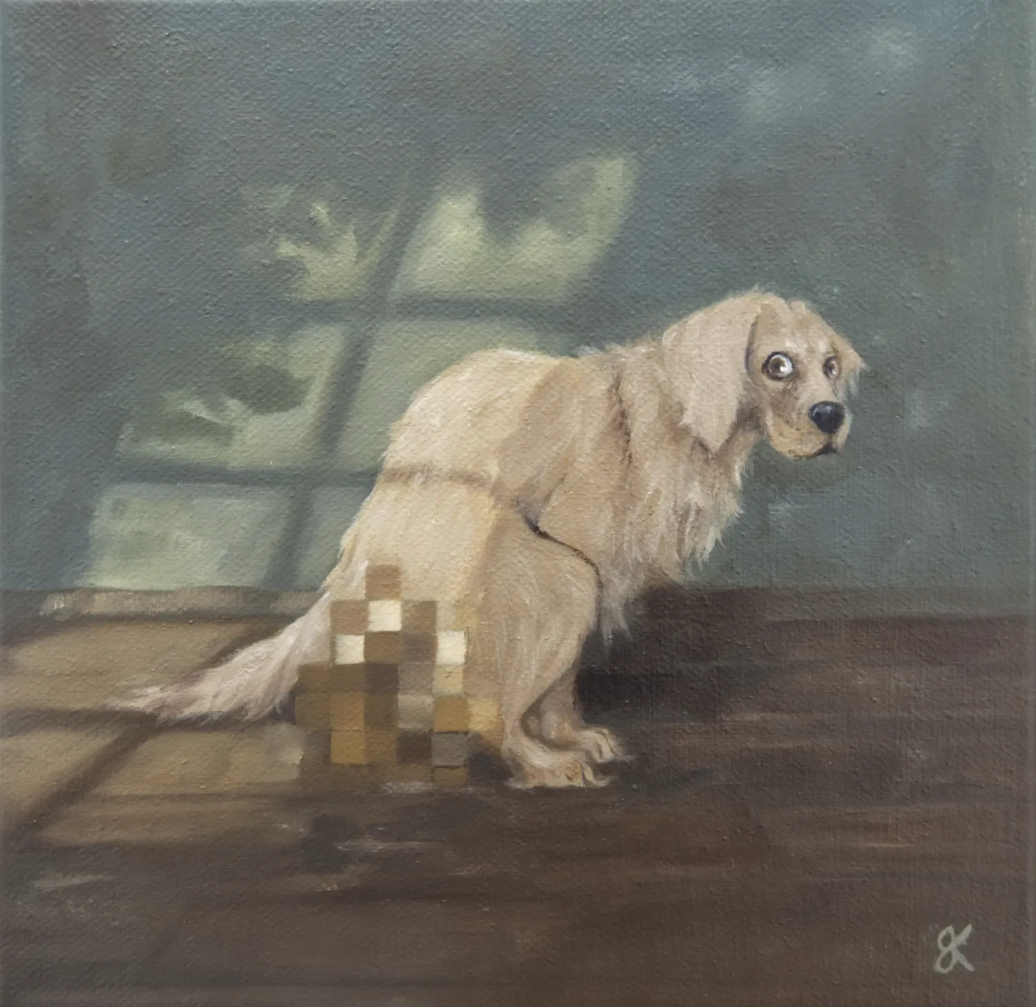 Painting of a dog with a toilet roll